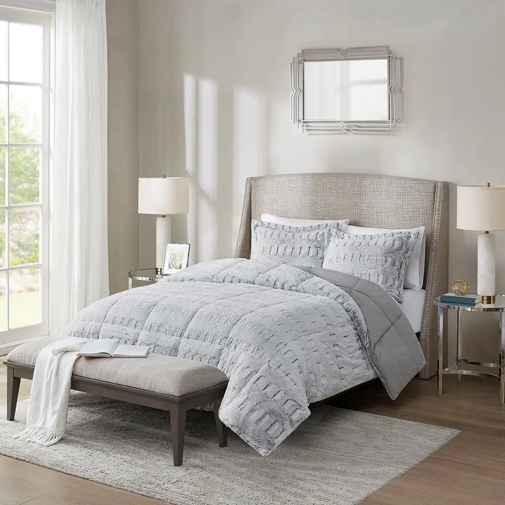 Back Print Long Fur Comforter Mini Set Twin Size Grey Polyester Soft Bedding jla