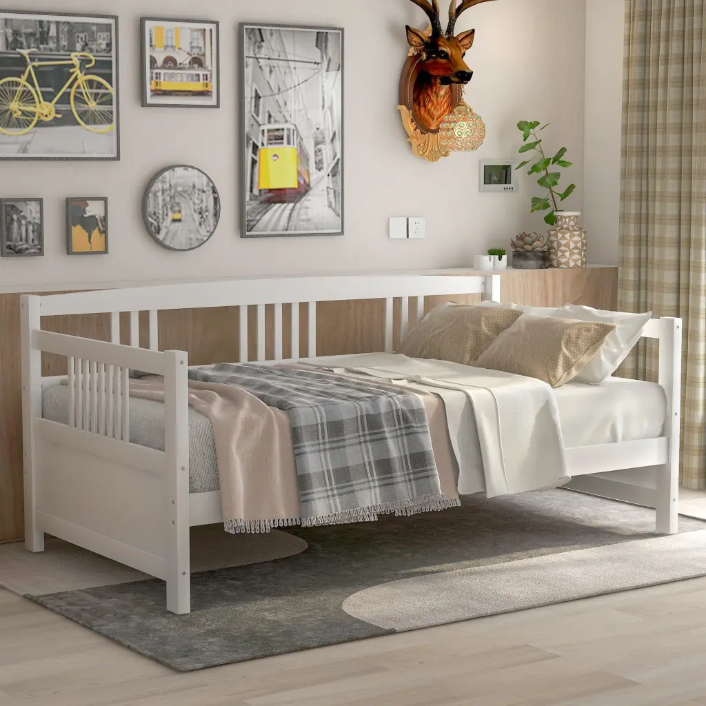 Modern Solid Wood Daybed Multifunctional Twin Size White Previous Style lucky furniture
