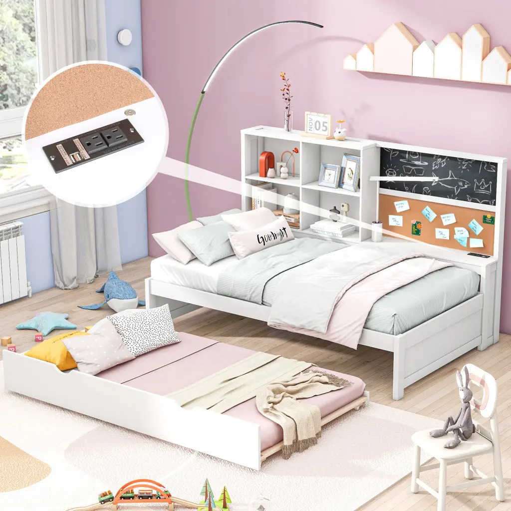 Twin Size Daybed Storage Shelves Blackboard Cork Board USB Ports Multi Functional wm store