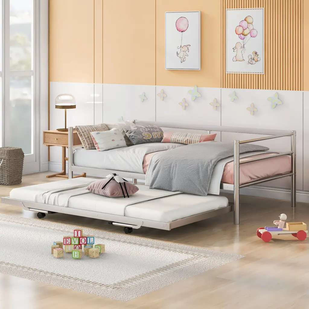 Twin Size Metal Daybed Adjustable Pop Up Trundle Silver Frame Space Saving wm store