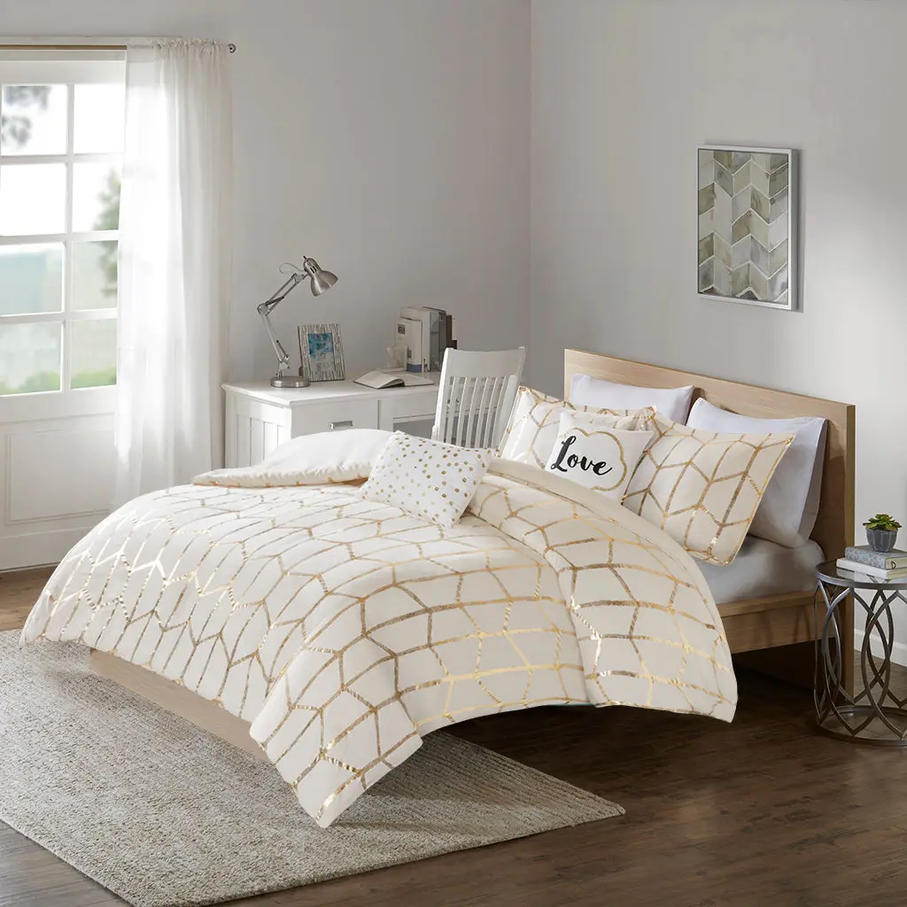 Metallic Printed Duvet Cover Set Twin Ivory Gold Polyester Bedding jla