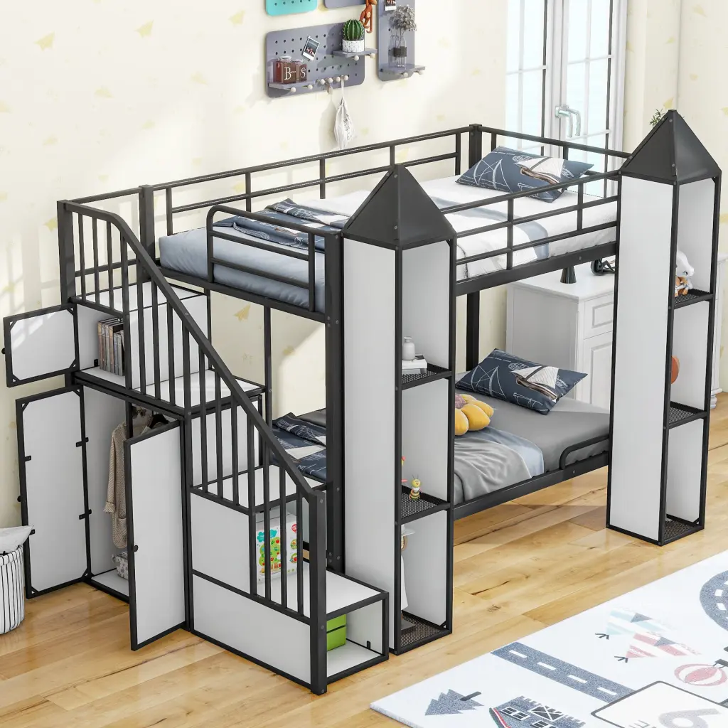 Metal Twin Over Twin Castle Bunk Bed Wardrobe and Multiple Storage wm store