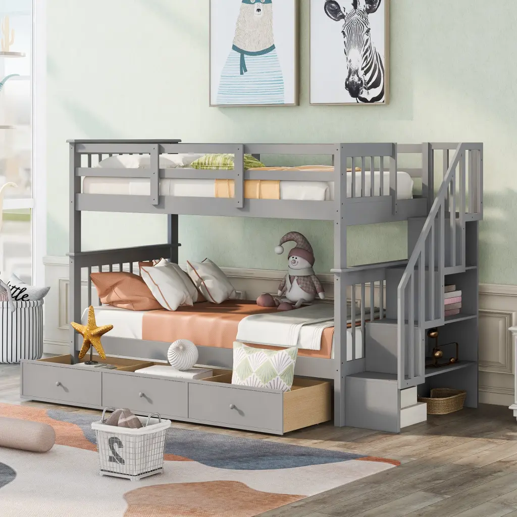 Stairway Twin Over Twin Bunk Bed Three Drawers Bedroom Dormitory lucky furniture