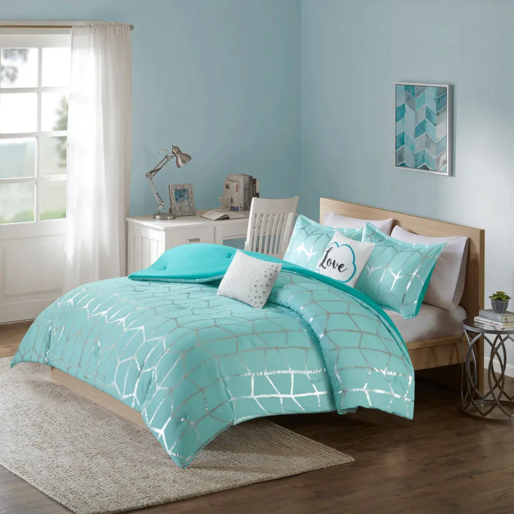 Metallic Printed Easeer Set Twin Aqua Silver Polyester Bedding Set jla