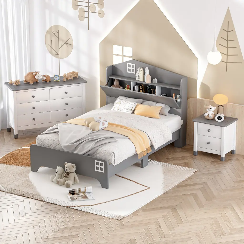 3 Pieces Bedroom Sets Twin Size Houtilize Bed Storage Headboard Wood Frame homey life
