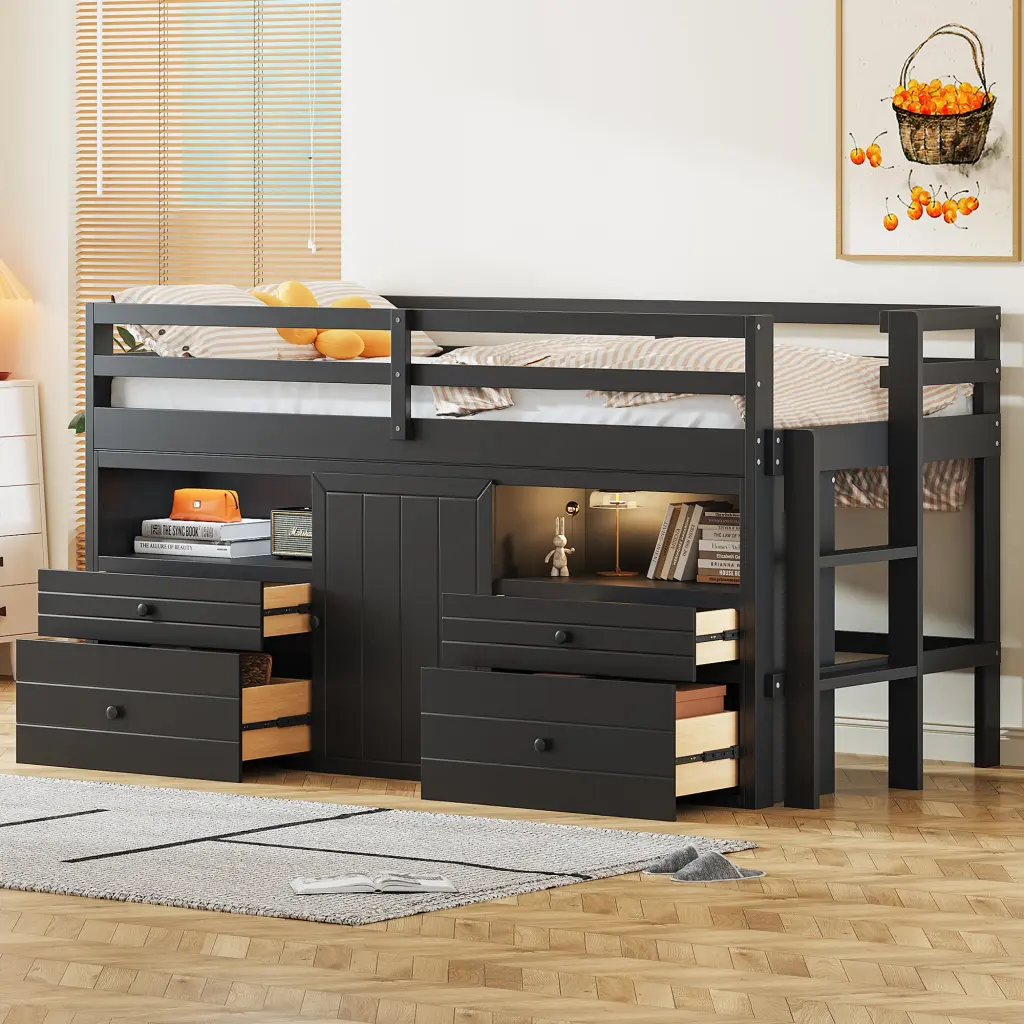 Twin Size Loft Bed 4 Drawers Underneath Cabinet and Shelves Espresso Finish lucky furniture