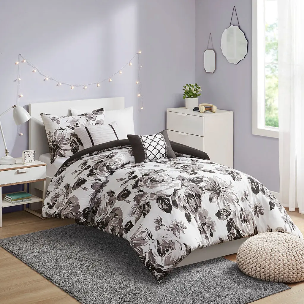 Floral Print Easeer Set Twin XL White Black Polyester Bedding jla