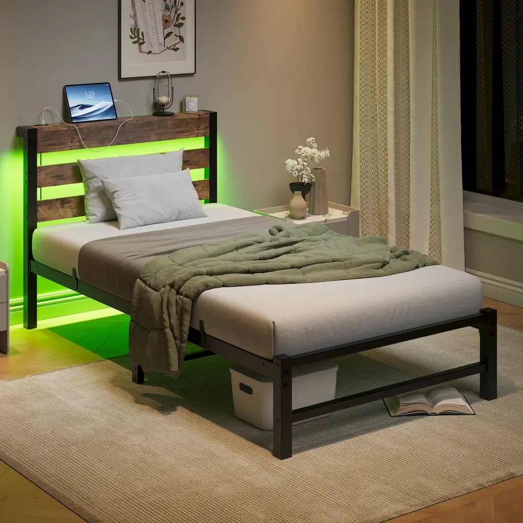Twin Size Bed Frame Heavy Duty Platform Bed USB Ports And Headboard Sturdy Metal Frame home furniture