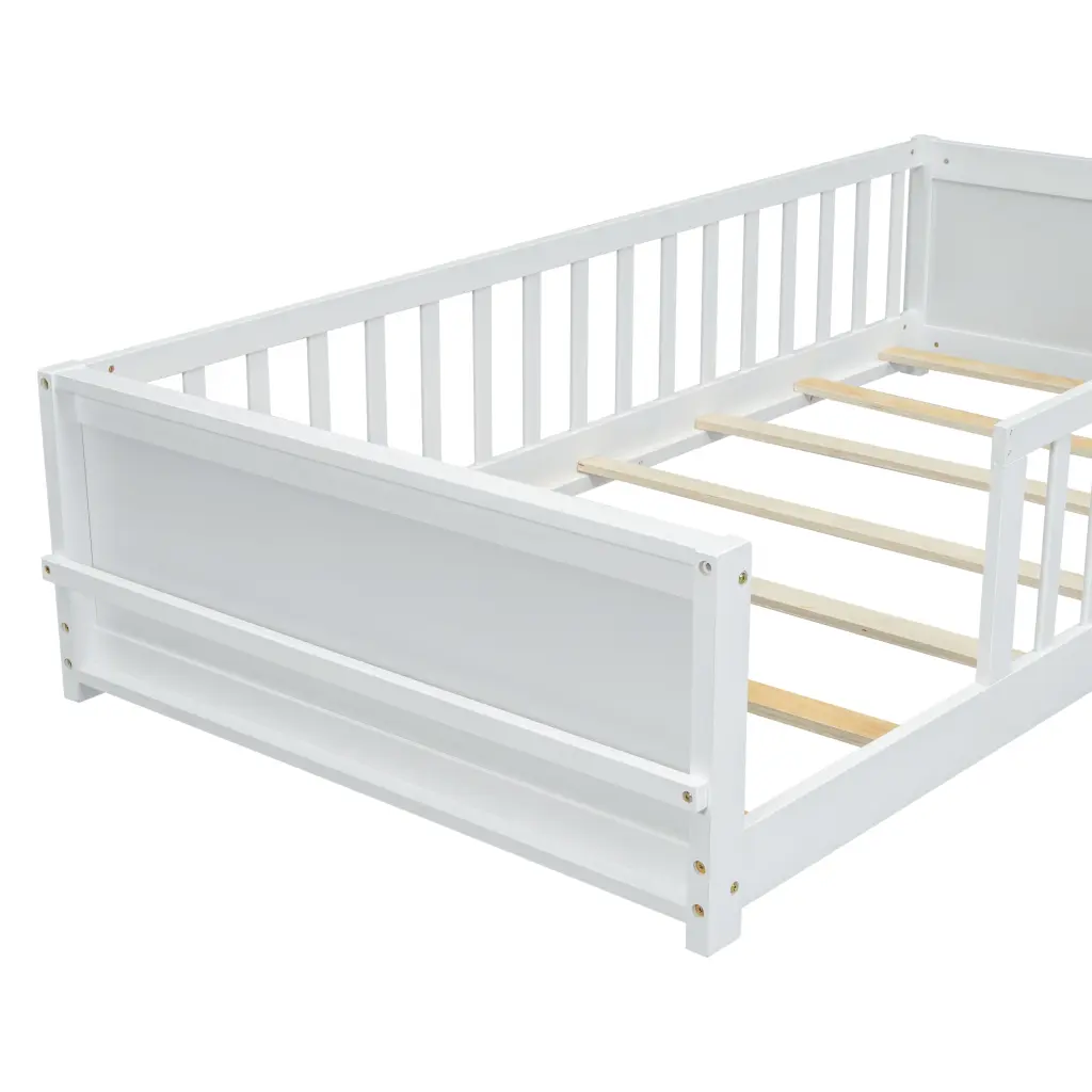 Twin Size Floor Platform Bed Built Book Storage Rack White Modern Bed Frame inspirit