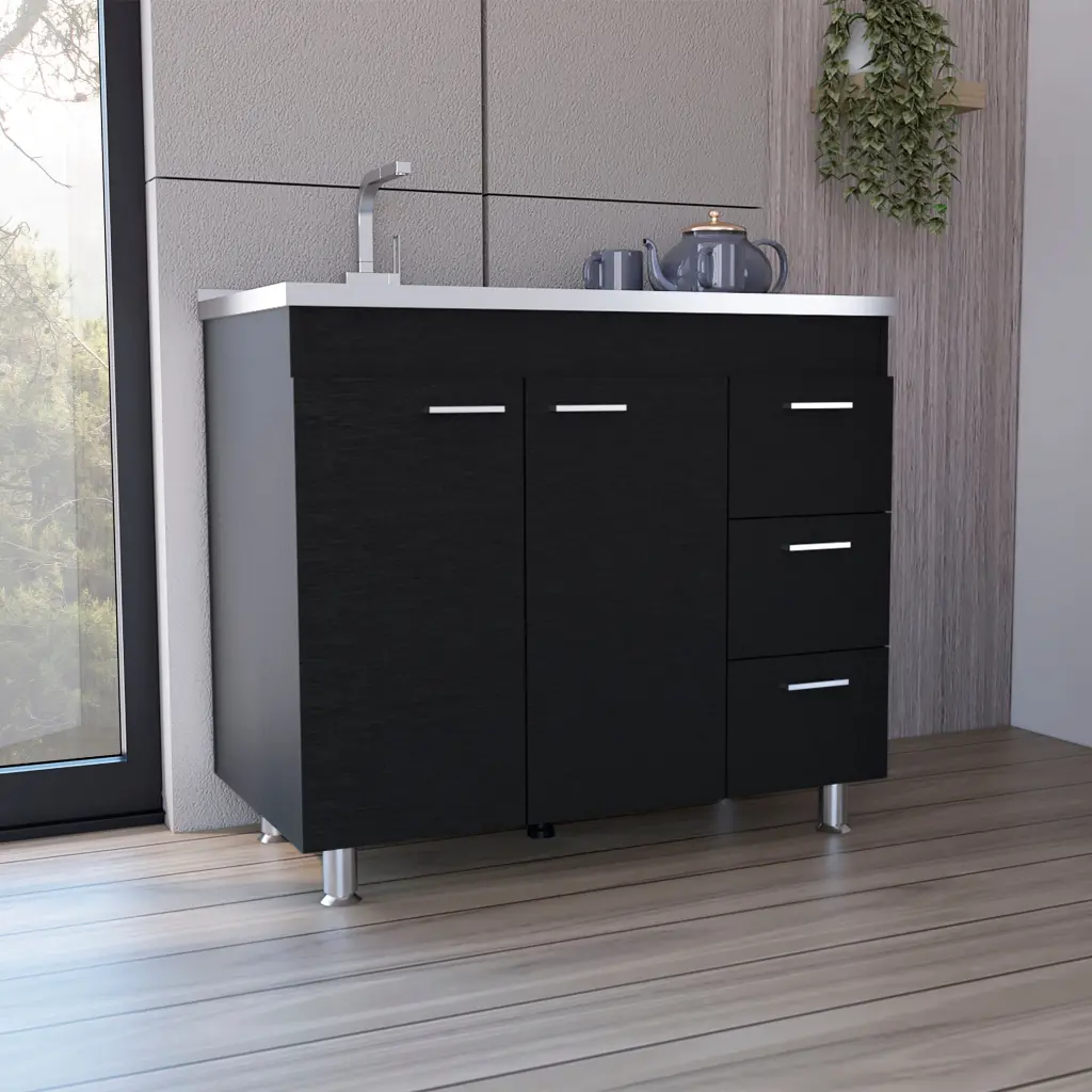 Ferretti Functionality Sink Three Drawers And Double Door Cabinet Black tuhome