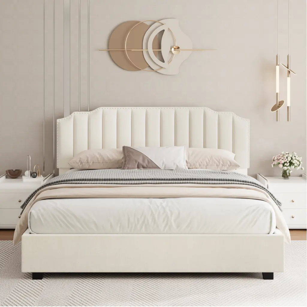 Lift Up Velvet Beige Queen Size Bed Frame Storage No Box Spring Required aobang furniture