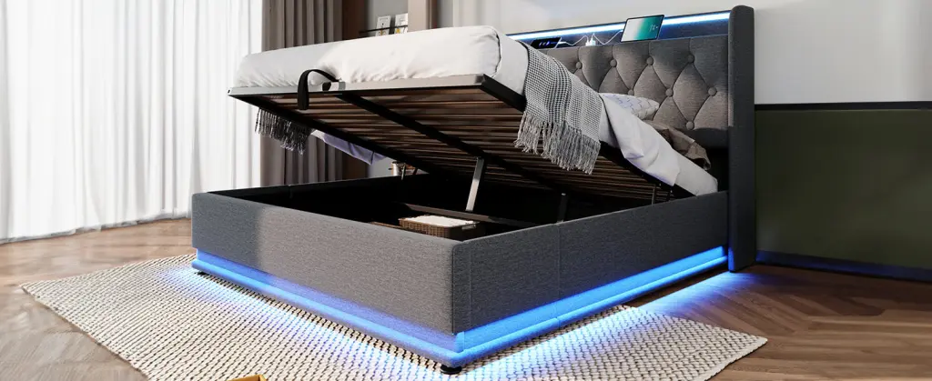 Full Size Upholstered Bed 360 Surround LED Function Buttons and Apps Remote artistry at home