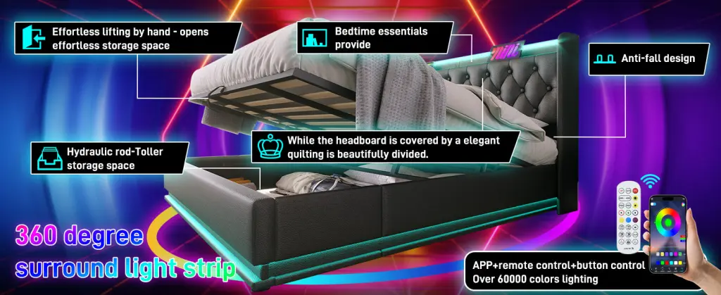 King Size Upholstered Bed 360 Surround LED Function Buttons and Apps Remote artistry at home