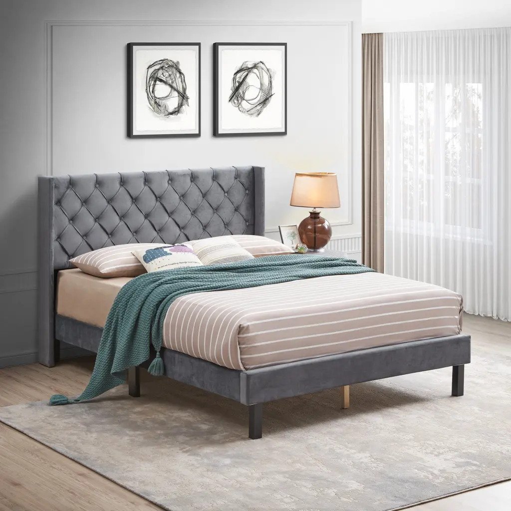 Velvet Button Tufted Upholstered Bed Wings Design Strong Wood Slats civilfurniture