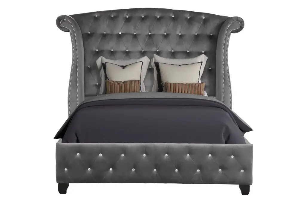 Sophia Modern Style Crystal Tufted Queen Bed Made Wood Gray Boho Chic Bed Frame galaxy home furnishings