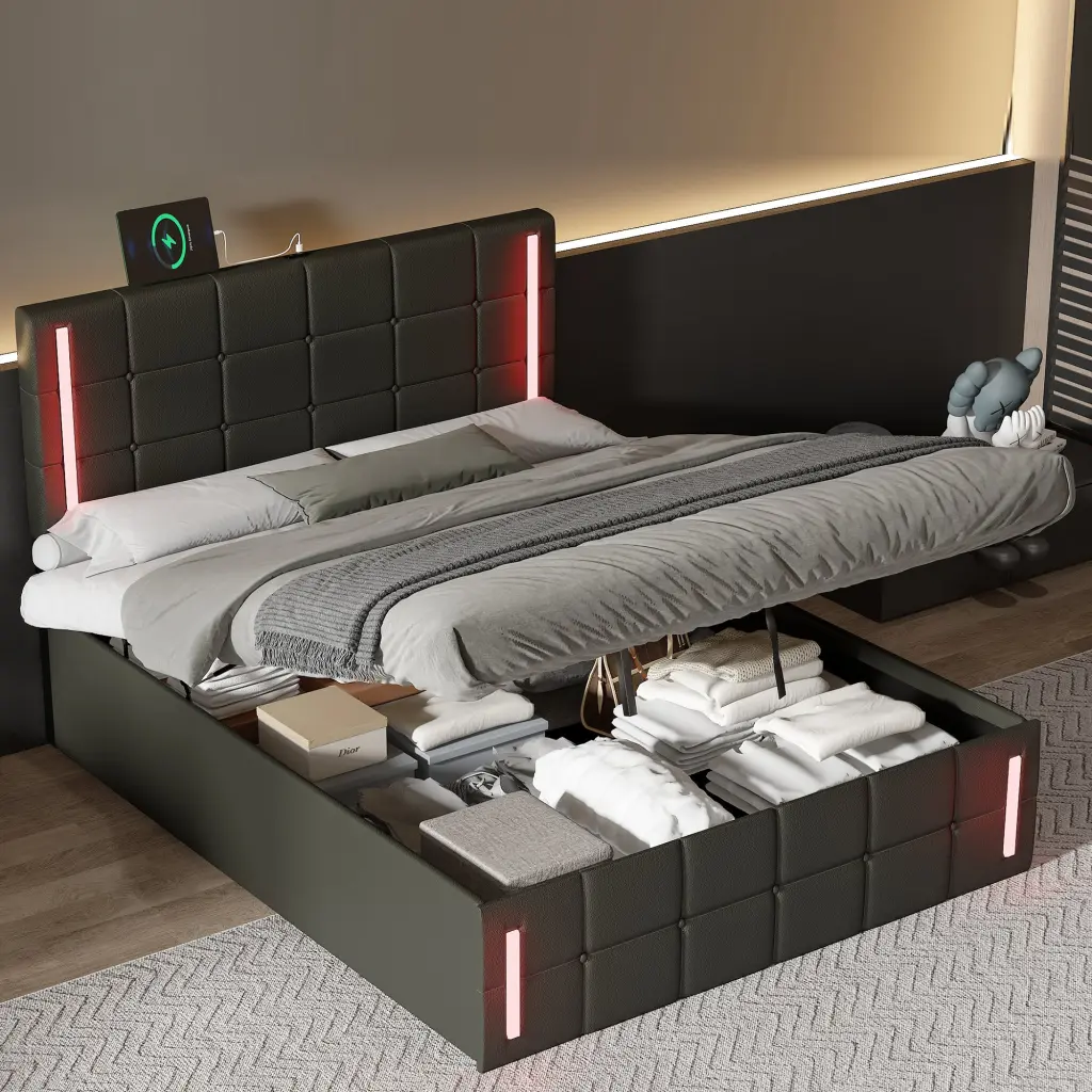 Full Size Upholstered Bed LED Lights Hydraulic Storage System Modern Design homey life
