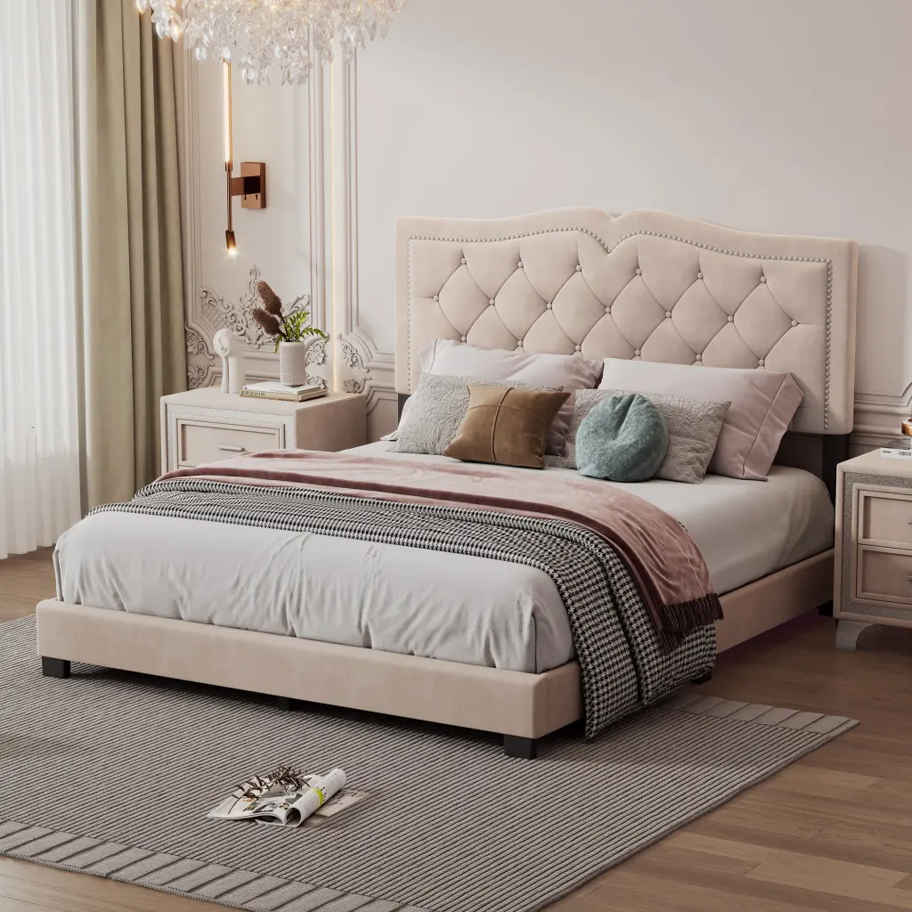 Queen Size Upholstered Bed Frame Rivet Design Modern Velvet Platform Bed homey life
