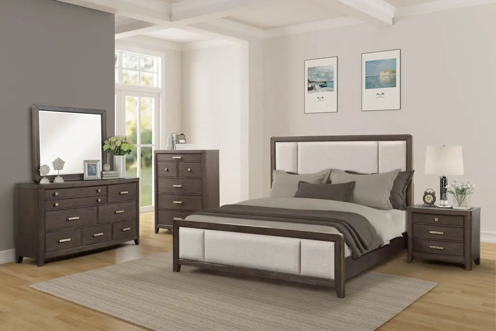 Queen Upholstered Headboard Footboard Antique Brown Wood Finish Bed Frame ihomefurnishings