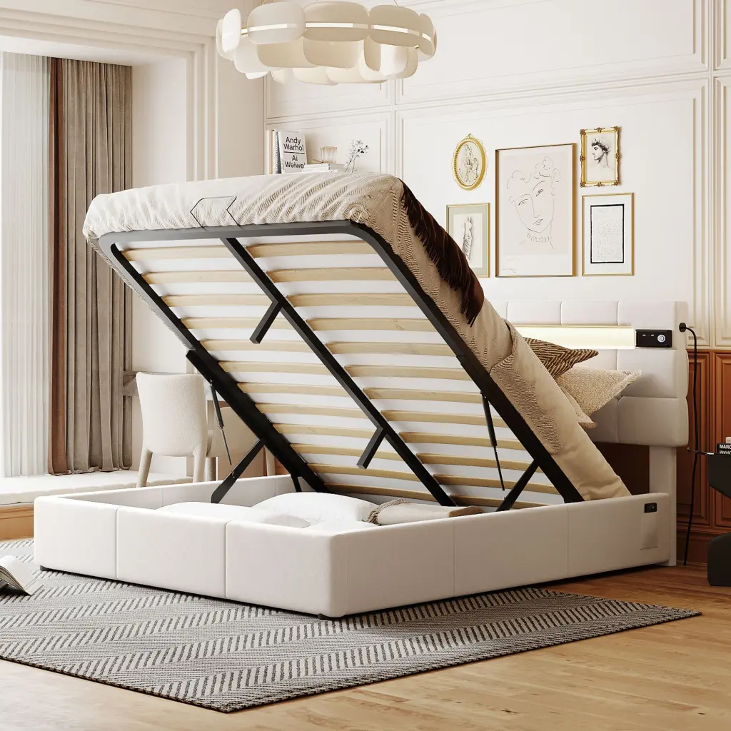 Queen Size Upholstered Bed LED Lights and Bluetooth Audio lucky world