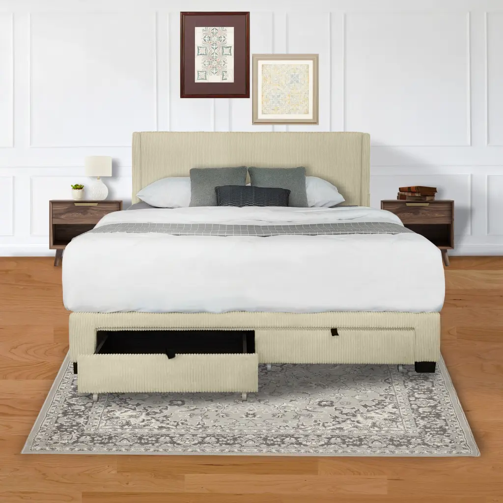 Corduroy Velvet Queen Footboard Drawer Storage Upholstered Bed Frame serene home