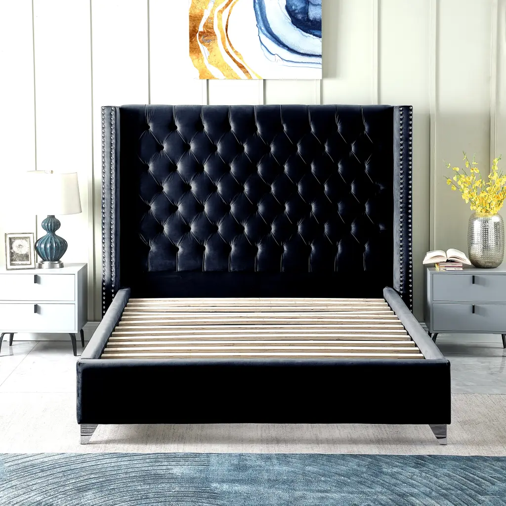 Contemporary Velvet Upholstered Bed Deep Button Tufting Solid Wood Frame w1241 artisan furniture