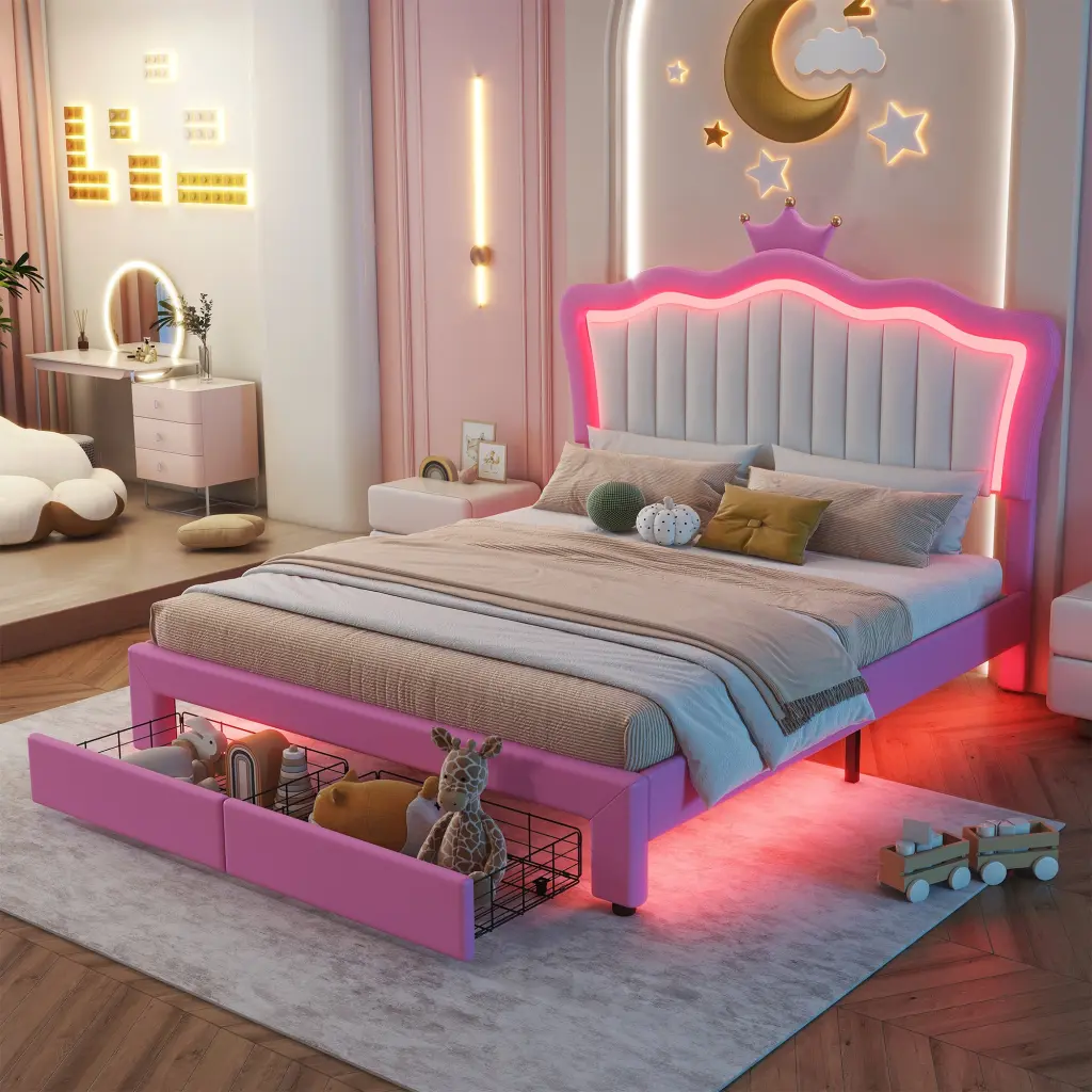 Full Size Upholstered Bed Frame LED Lights Modern Platform Bed No Box Spring Needed w2770