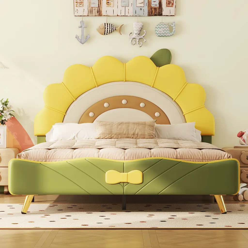 Full Size Upholstered Platform Bed Sunflower Influenced Headboard Grey Fabric wm dreamland