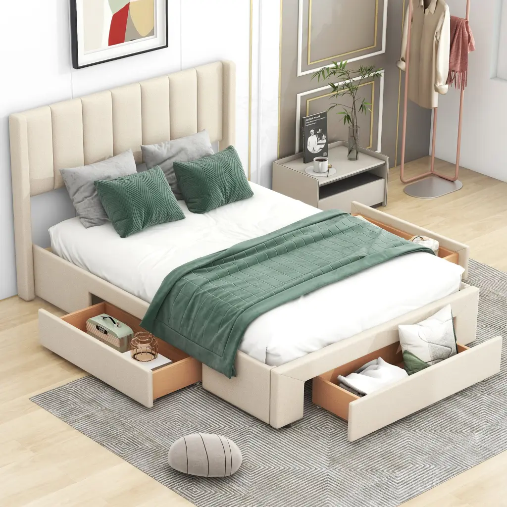 Full Size Upholstered Platform Bed One Large Drawer Footboard wm store