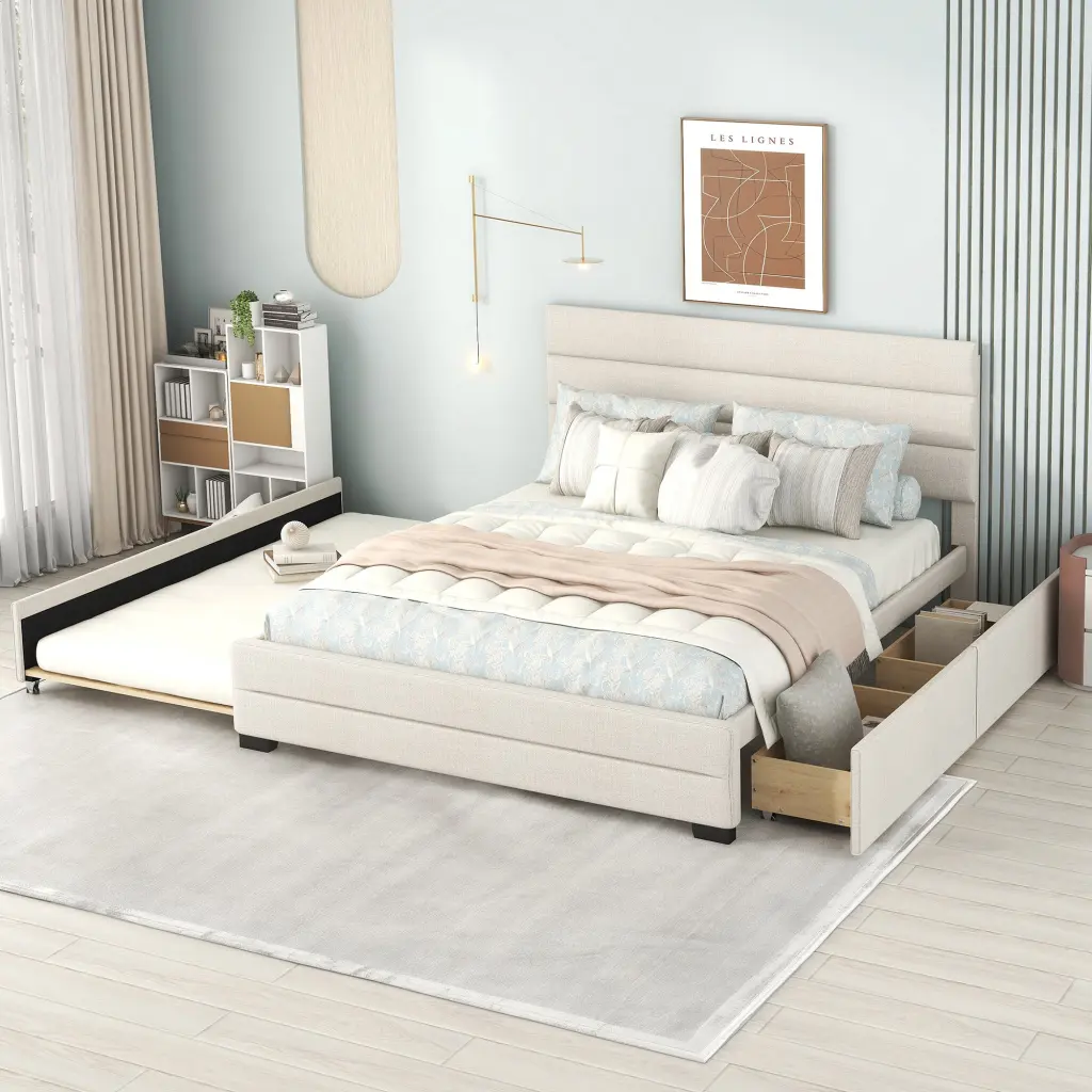 Queen Upholstered Platform Bed Twin Size Trundle And Two Drawers Storage wm store