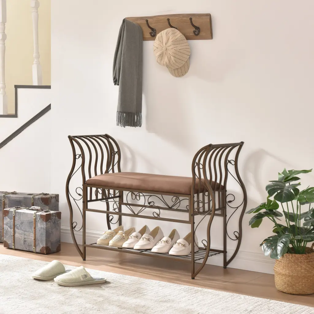 Traditional Style Upholstered End Bed Bench Arms Entryway rnb