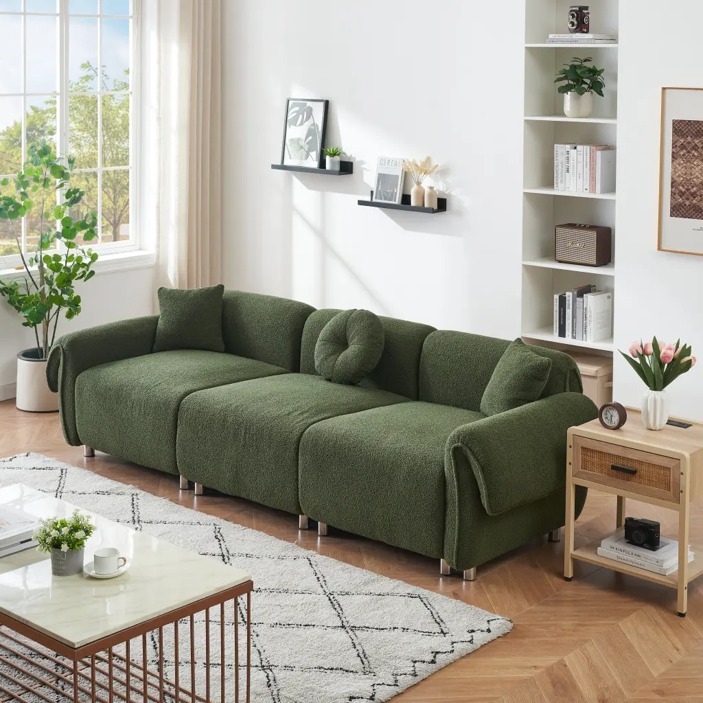 112 Inches Green Teddy Velvet Fabric 3 Pillows Three Person Sofa Cover ylf fff
