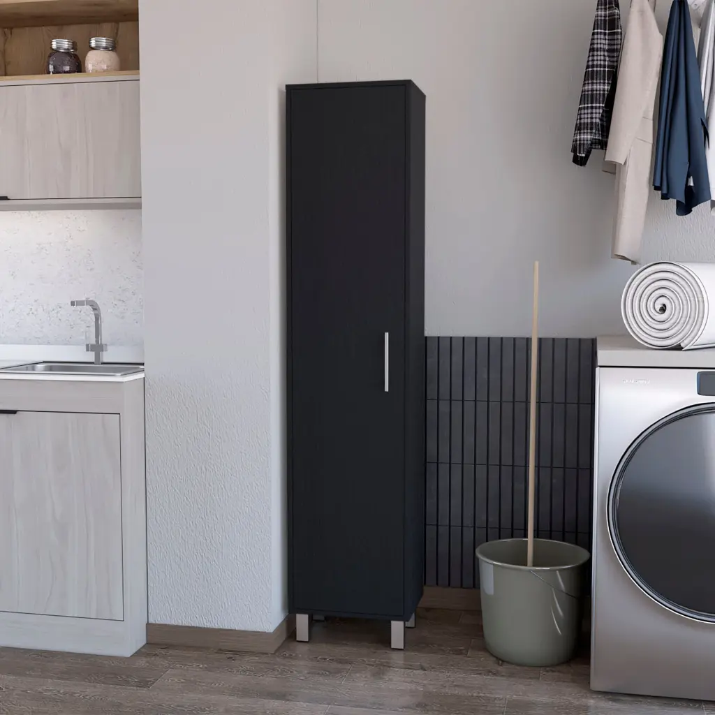 Lawen Tall Storage Cabinet Single Door 3 Broom Hangers Black Contemporary fm furniture