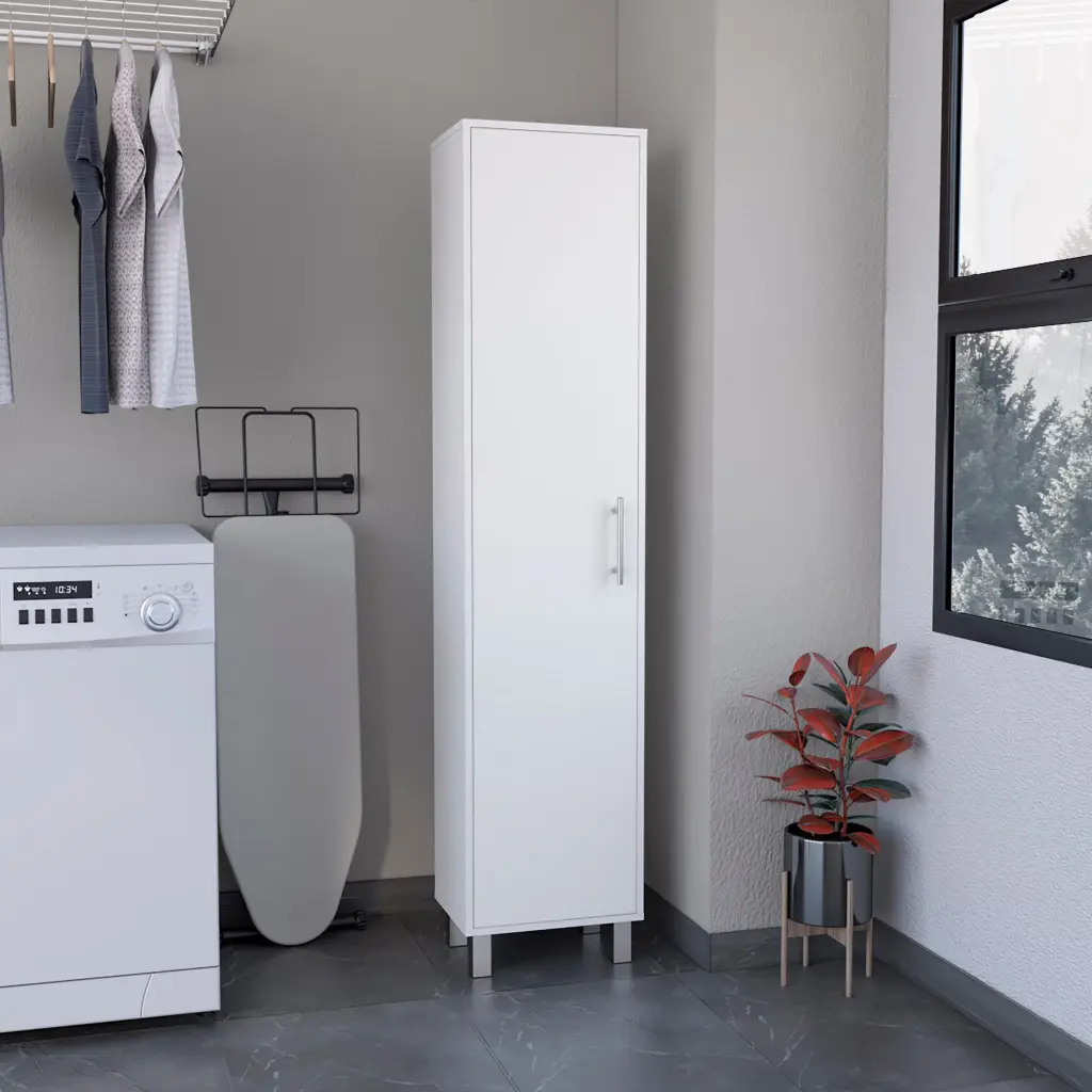 Storage Cabinet 71 Inch High Five Internal Shelves Three Broom Hangers White rta mubles colombia
