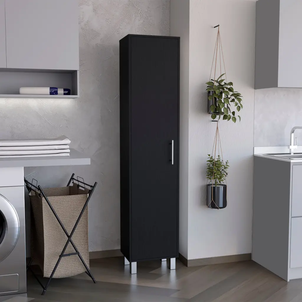 Linquirea 70 Inch Tall Storage Cabinet Broom Closet Broom Hangers and Four Shelves tuhome