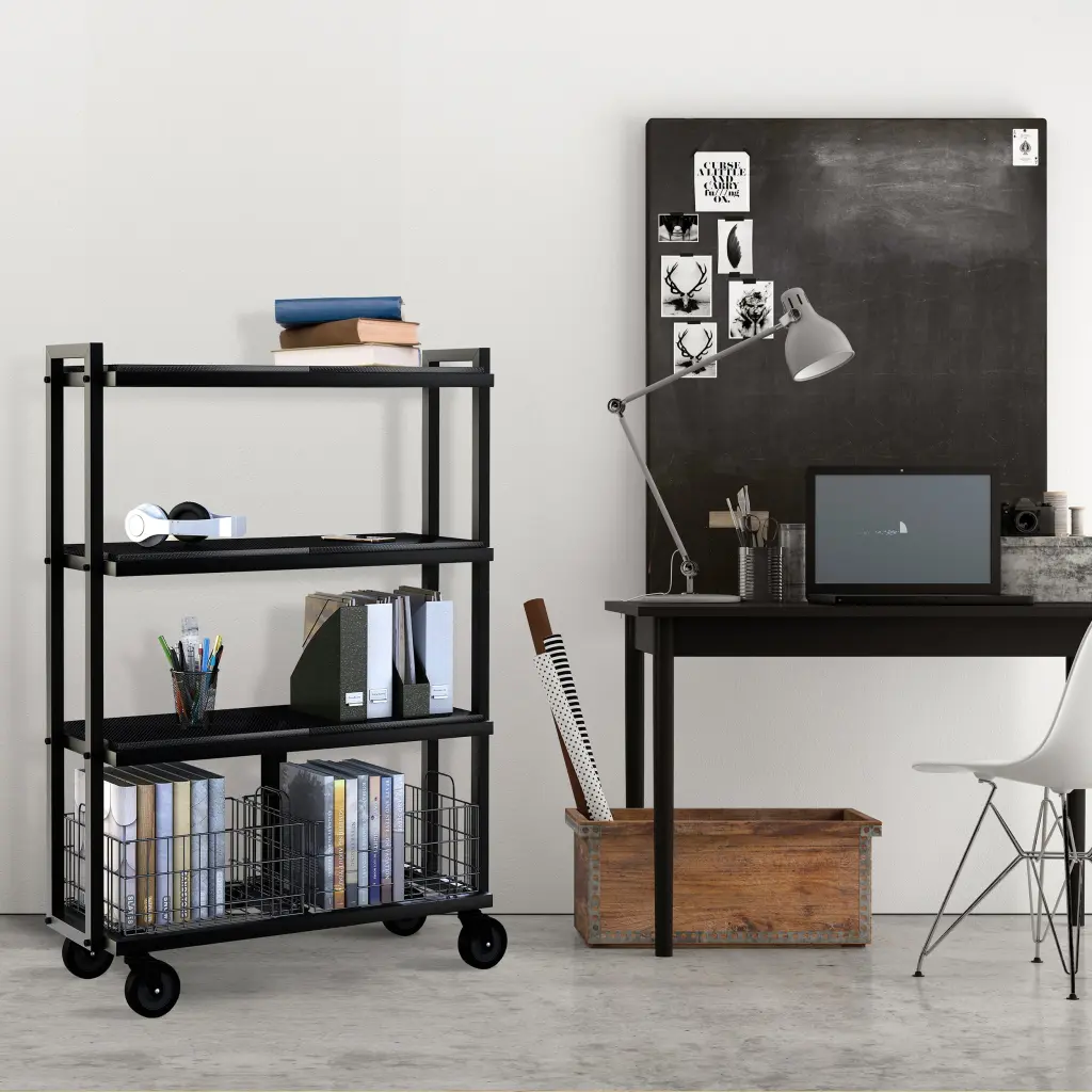 4 Tier Rolling Cart Interchangeable Bins and Shelves, Powder Coated Metal Utility Cart Caster Wheels atlantic inc.