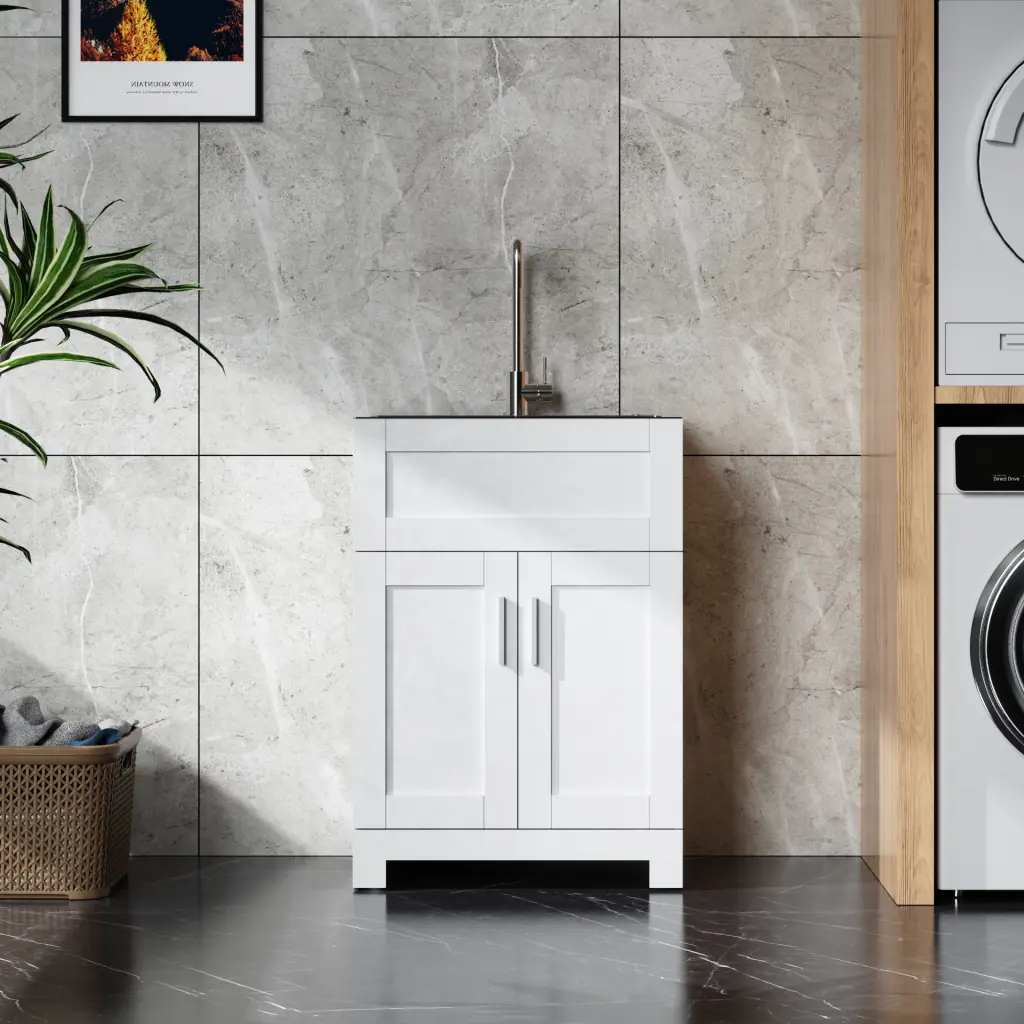 24In White Paint Free Laundry Tub Cabinet Stainless Steel Combo - Utility Sink goodyo bathroom products
