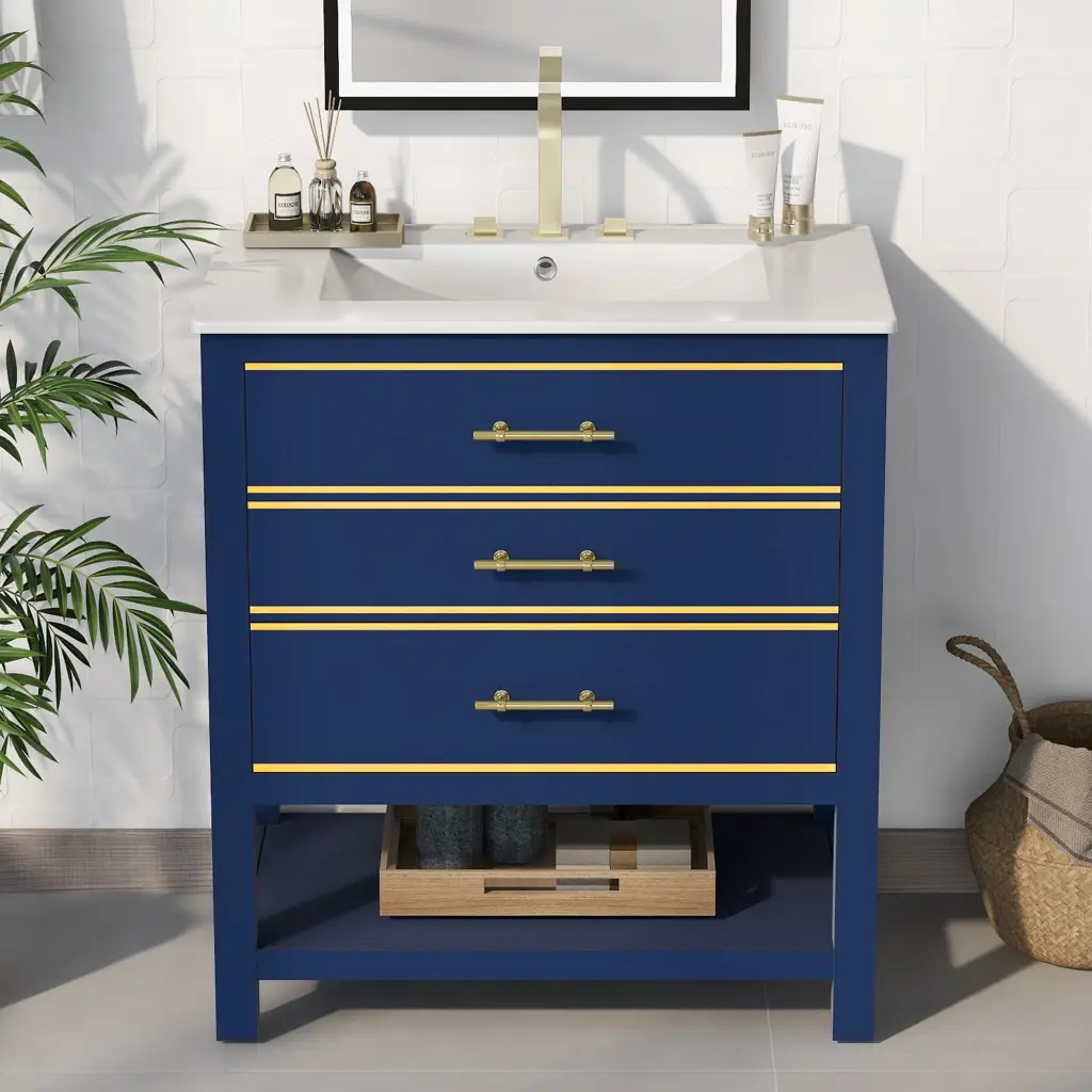Viedo Modern 30 Inch Navy Blue White Bathroom Vanity Cabinet Combo Sink And Mirror rnb