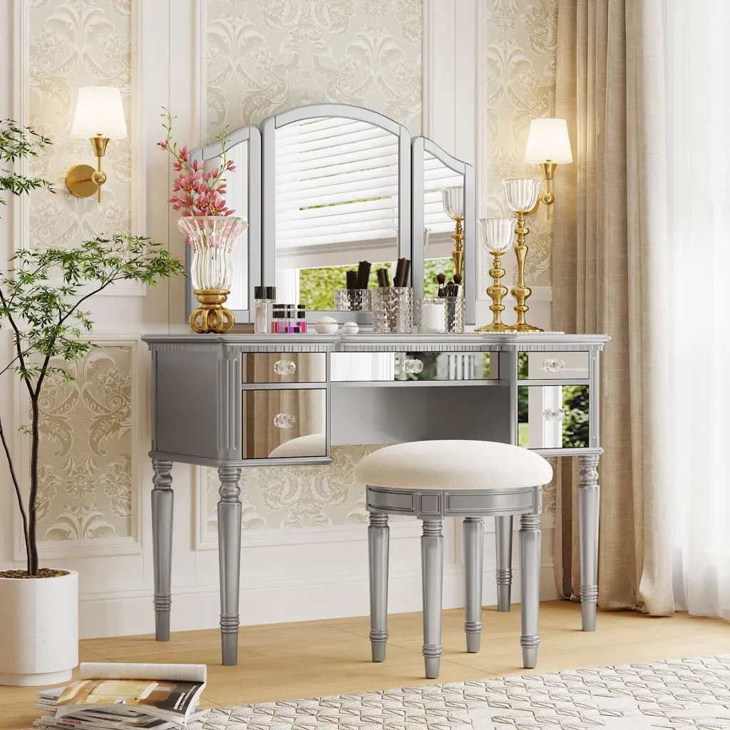 43 Inch Dressing Table Set Mirrored Drawers And Stool Tri Fold Mirror Vanity go