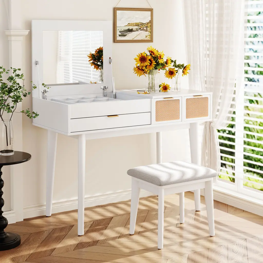 43.3 Inch Timeless Wood Makeup Vanity Set Flip Top Mirror and Stool Bedroom go