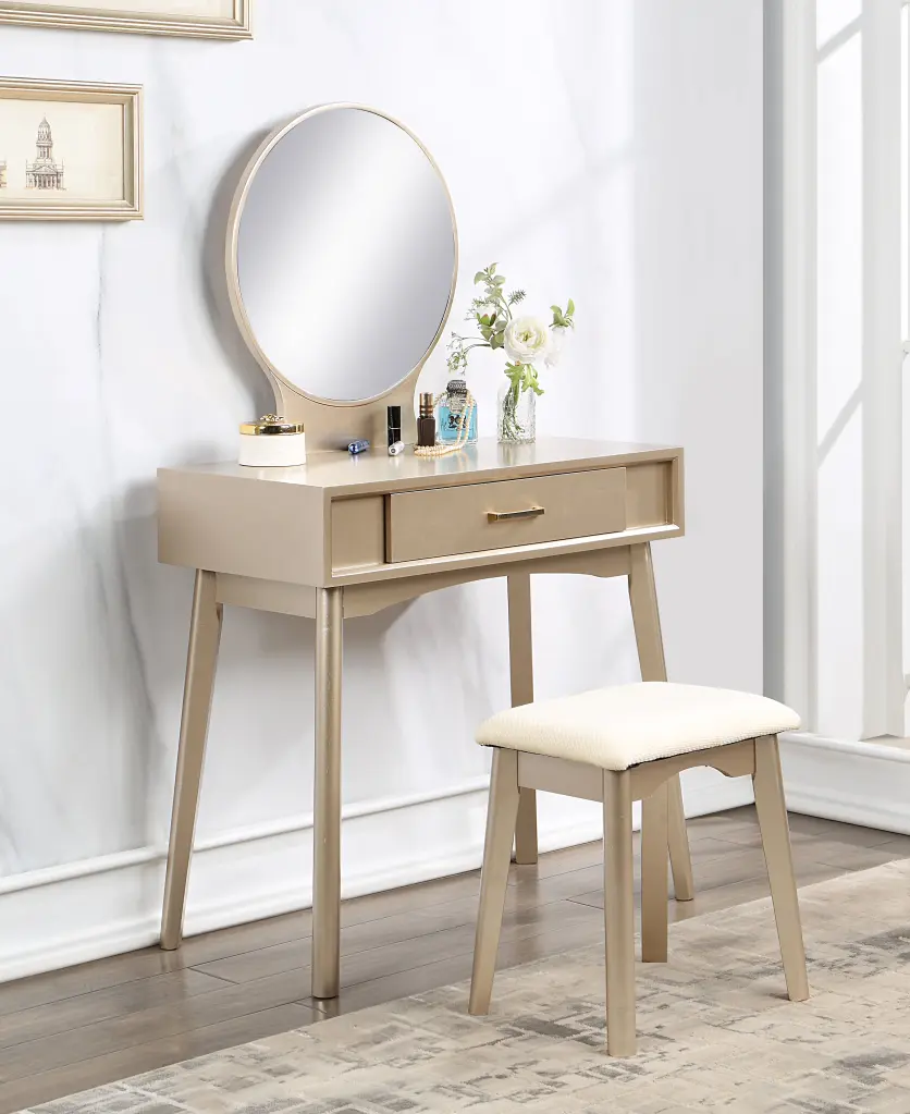 Maly Contemporary Wood Vanity And Stool Set Gold Finish hz