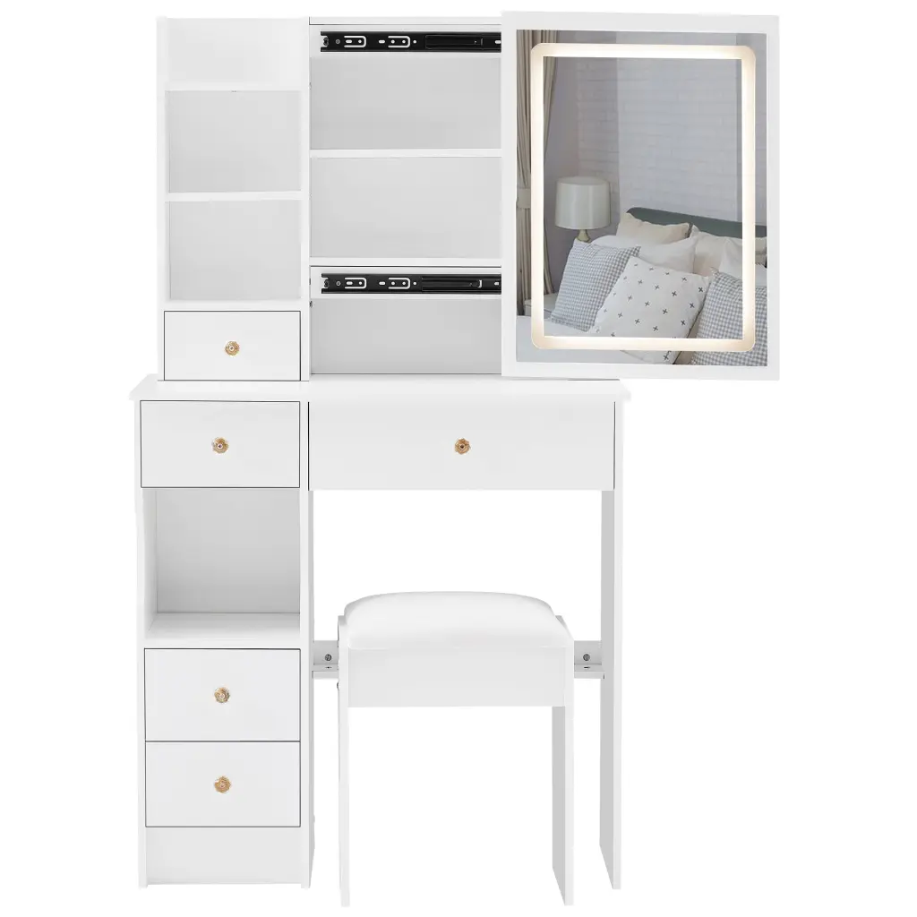 Small Size Left Drawer Desktop Vanity Table Cushioned Stool crazy elf