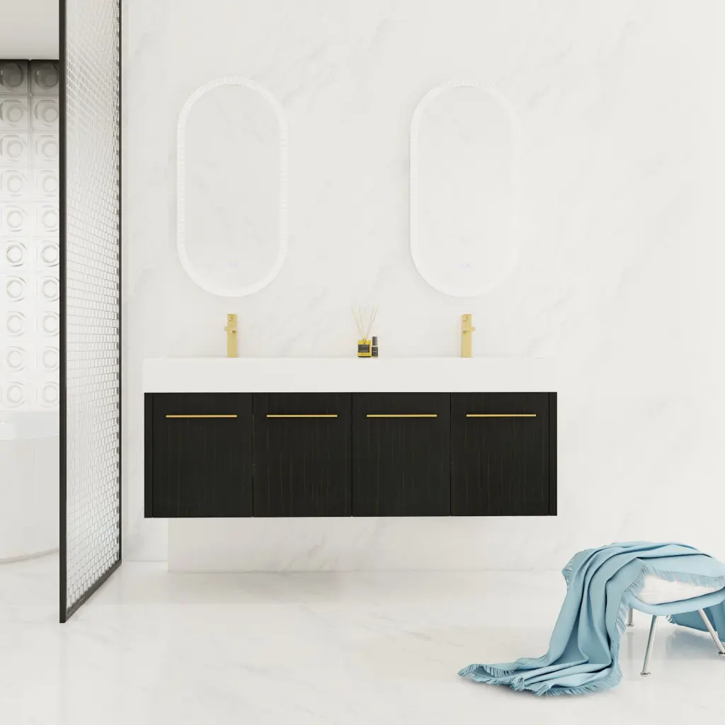 60 Inch Wall Mounted Bathroom Vanity Sink Thick Edged Double Resin Top g-lemon