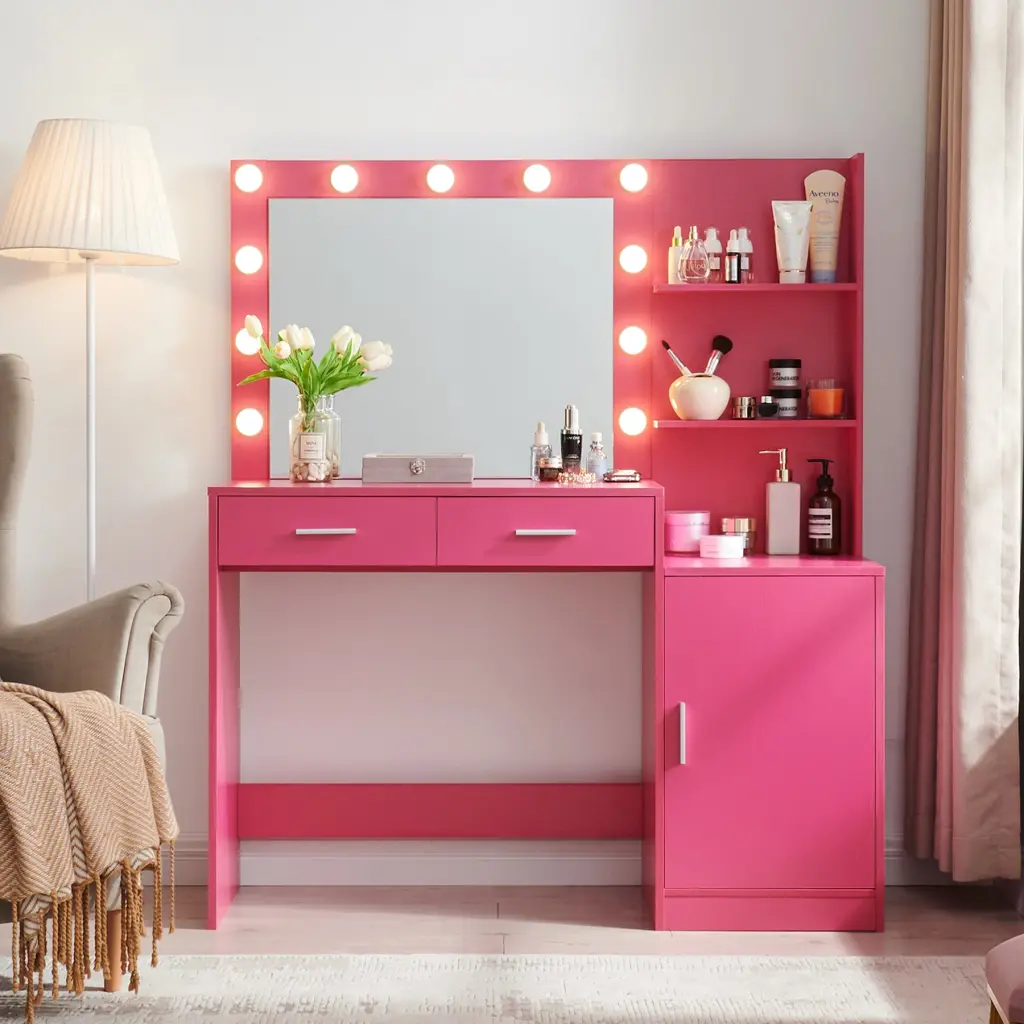 Vanity Desk Mirror And Lights 46.4In Dressing Table 2 Large Drawers mirrotowel