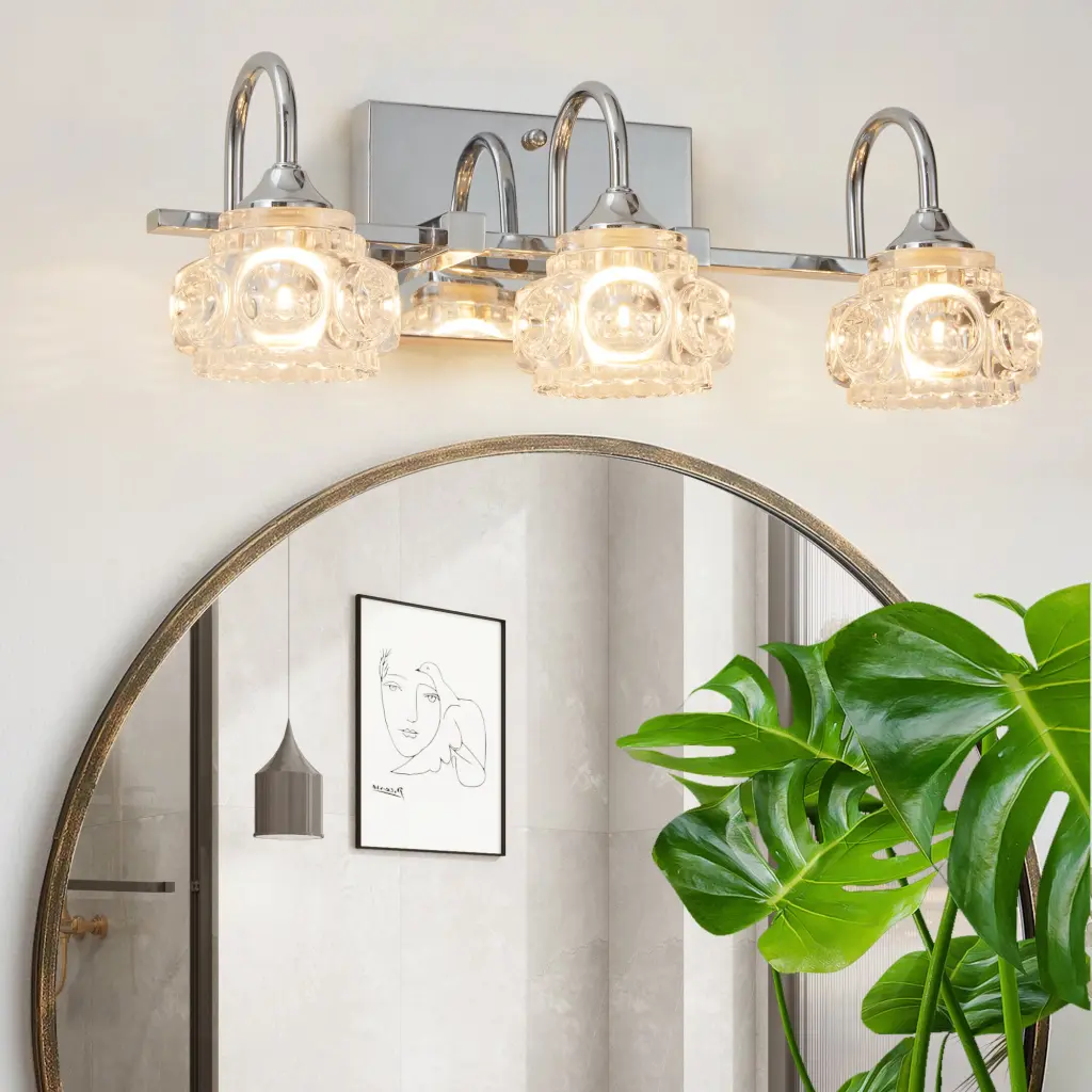 Brushed Nickel Finish Vintage Crystal Vanity Light Elegant 3 Light Bathroom Fixture lighting commune