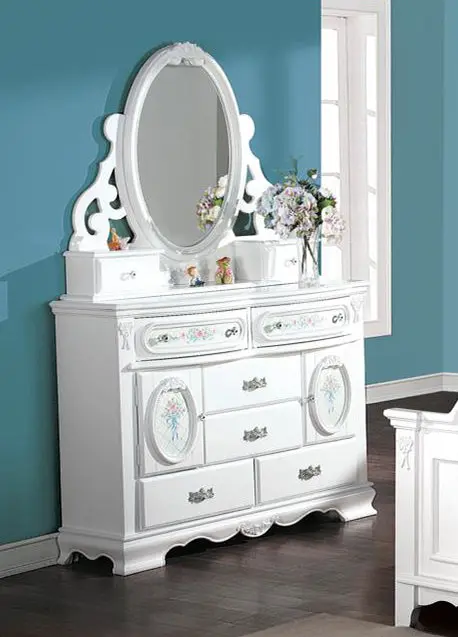 Flora Jewelry Mirror White Finish Wooden Framed Mirror Bedroom Or Bathroom acme onsite store