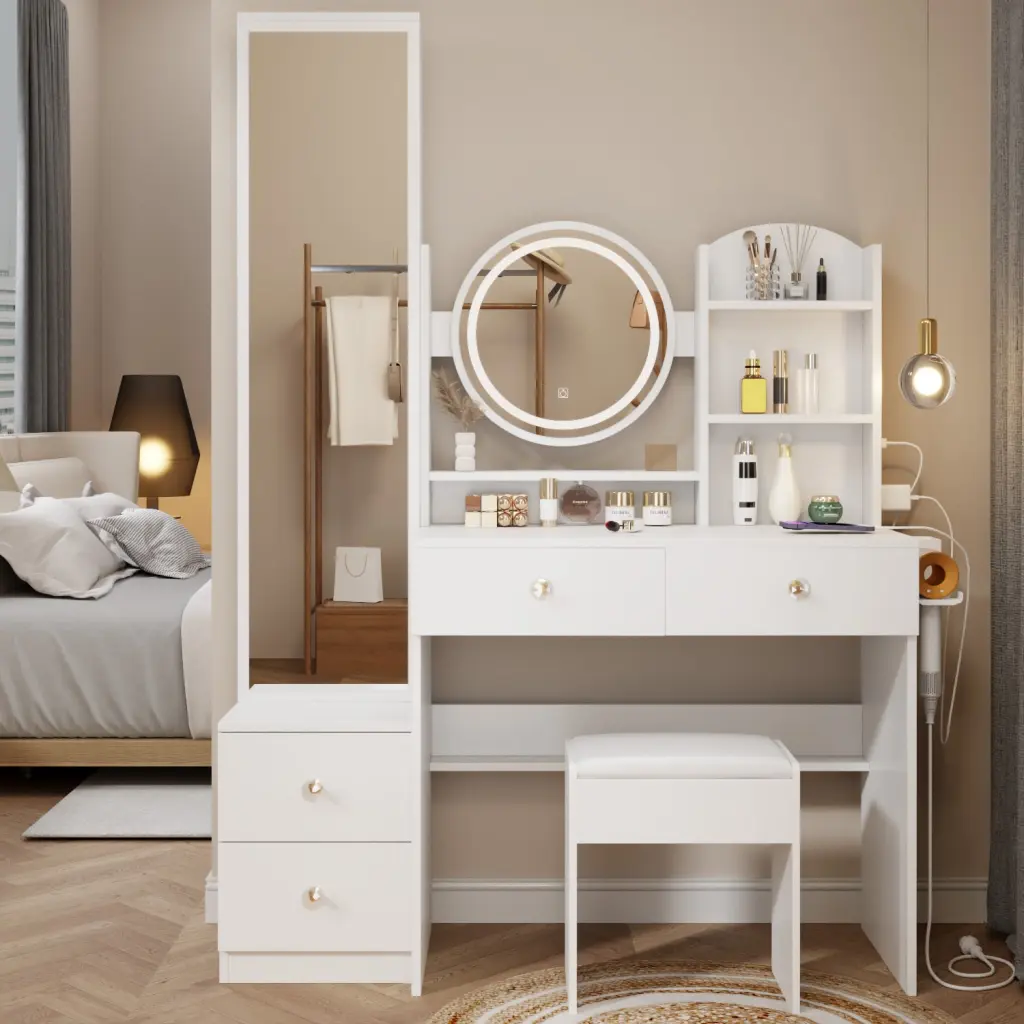 Round LED Vanity Mirror Cushioned Stool - Full Body Mirror Cabinet crazy elf