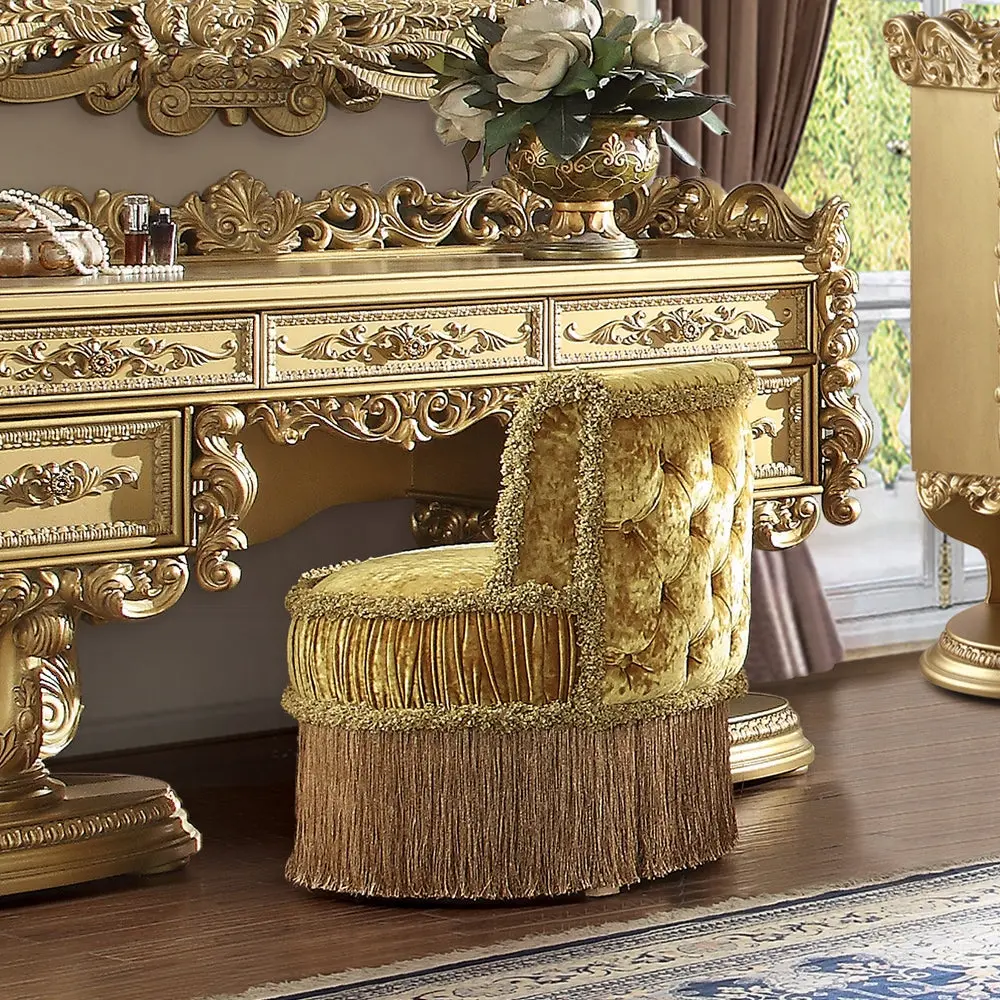 Gold Vanity Stool Button Tufted Round Seat Bedroom furniture max
