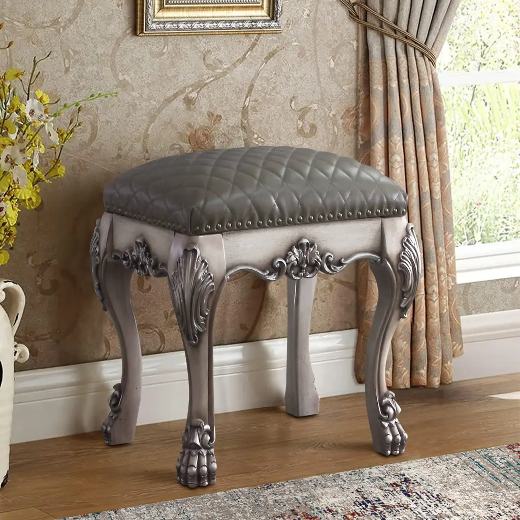 Grey And Vintage Bone White Vanity Stool Tufted Seat furniture max