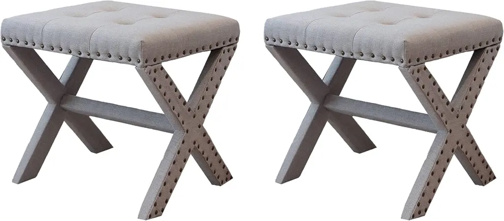 Set 2 Silver Modern Stylish Vanity Stools Upholstered Soft Linen kanepe