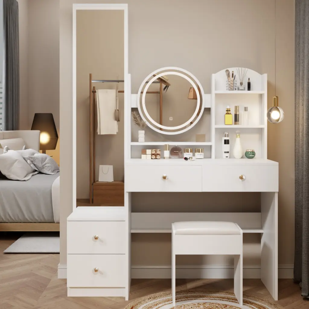 Full Body Round Mirror LED Vanity Table Cushioned Stool crazy elf